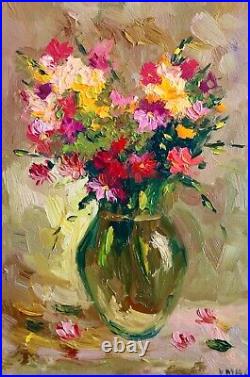 Original Oil Painting Flowers Impasto Floral Signed Impressionist Art 12x8