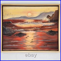 Original Oil Painting Framed Seascape Sunset Ocean Waves Coastal Art Signed 1987