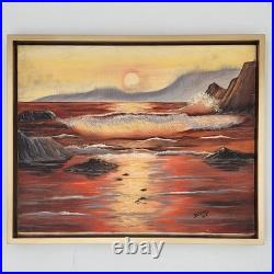 Original Oil Painting Framed Seascape Sunset Ocean Waves Coastal Art Signed 1987