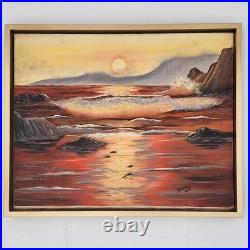 Original Oil Painting Framed Seascape Sunset Ocean Waves Coastal Art Signed 1987