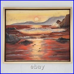 Original Oil Painting Framed Seascape Sunset Ocean Waves Coastal Art Signed 1987