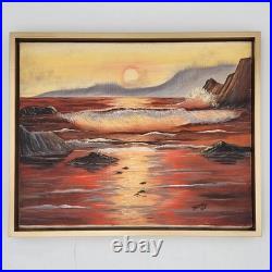 Original Oil Painting Framed Seascape Sunset Ocean Waves Coastal Art Signed 1987
