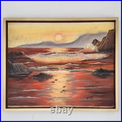 Original Oil Painting Framed Seascape Sunset Ocean Waves Coastal Art Signed 1987