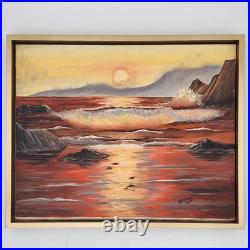 Original Oil Painting Framed Seascape Sunset Ocean Waves Coastal Art Signed 1987