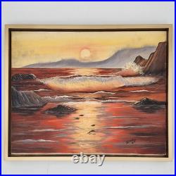 Original Oil Painting Framed Seascape Sunset Ocean Waves Coastal Art Signed 1987