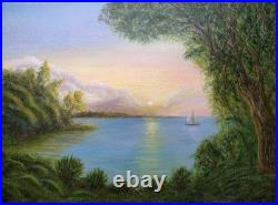 Original Oil Painting Lake Sunset Sailboat Oak Tree Landscape 16.5x11.7 Signed