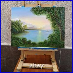 Original Oil Painting Lake Sunset Sailboat Oak Tree Landscape 16.5x11.7 Signed