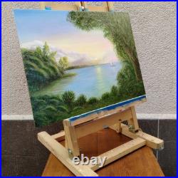 Original Oil Painting Lake Sunset Sailboat Oak Tree Landscape 16.5x11.7 Signed