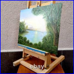 Original Oil Painting Lake Sunset Sailboat Oak Tree Landscape 16.5x11.7 Signed