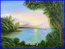Original Oil Painting Lake Sunset Sailboat Oak Tree Landscape 16.5x11.7 Signed