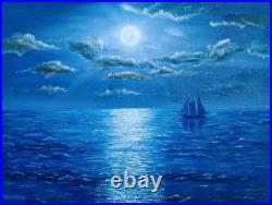 Original Oil Painting Moonlit Sea Sailing Ship Night Ocean 16.5x11.7 Signed