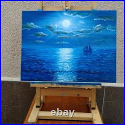 Original Oil Painting Moonlit Sea Sailing Ship Night Ocean 16.5x11.7 Signed