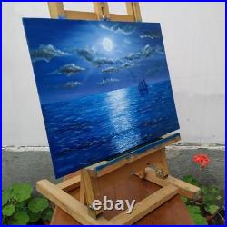 Original Oil Painting Moonlit Sea Sailing Ship Night Ocean 16.5x11.7 Signed