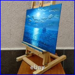 Original Oil Painting Moonlit Sea Sailing Ship Night Ocean 16.5x11.7 Signed