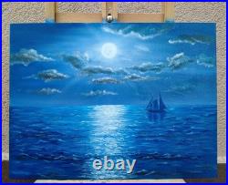 Original Oil Painting Moonlit Sea Sailing Ship Night Ocean 16.5x11.7 Signed