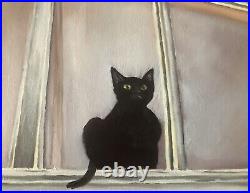 Original Oil Painting Of Black Cat By C. Ricketts