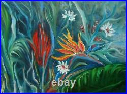 Original Oil Painting Tropical Jungle Bird Of Paradise Hawaii Artist, Signed