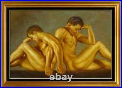 Original Oil Painting art two young male nude man on canvas 24X36