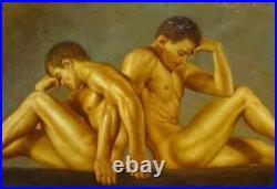 Original Oil Painting art two young male nude man on canvas 24X36