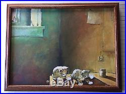 Original Oil Painting on Canvas 2 Cats on the Table, Signed by L, Framed
