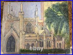 Original Oil Painting on Canvas Gothic Cathedral with Tree Architectural
