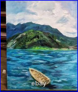 Original Oil Painting on Canvas Mountain Lake with Boat, Landscape Wall Art, N