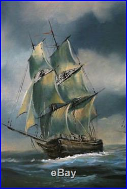 Original Oil Painting on Canvas Storm Two Sailing Ships Waves Signed by Garcia