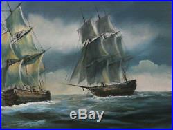 Original Oil Painting on Canvas Storm Two Sailing Ships Waves Signed by Garcia