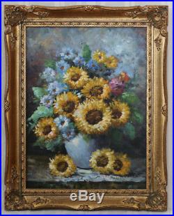 Original Oil Painting on Canvas Sunflower Yellow Blue Flowers in Vase Signed