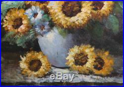 Original Oil Painting on Canvas Sunflower Yellow Blue Flowers in Vase Signed