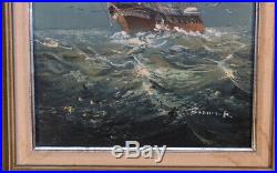 Original Oil Painting on Canvas Waves Tall Ship Seascape Signed by Bronipak