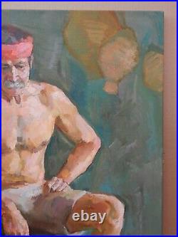 Original Oil Painting on canvas Male Portrait Fisherman with Net Signed 98x69 cm