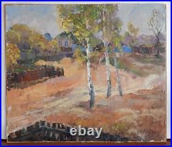 Original Oil Painting on canvas Rural Landscape Birches Soviet Art Signed 1980