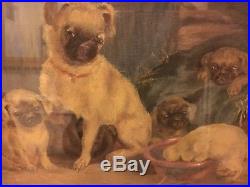 Original Oil on Canvas Painting, c. 1835, Signed H Marriott, Pug with Puppies