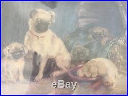 Original Oil on Canvas Painting, c. 1835, Signed H Marriott, Pug with Puppies