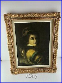 Original Oil on Canvas Painting of Renaissance Lady Unknown Ornate Wood Frame