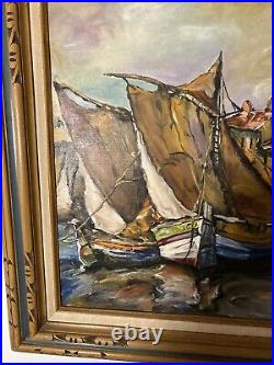 Original Oil on Canvas Panel-Boats & Harbor Scene-Signed-Finely Framed 31 x 28