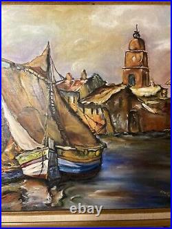 Original Oil on Canvas Panel-Boats & Harbor Scene-Signed-Finely Framed 31 x 28