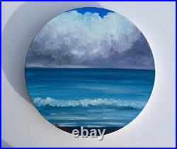 Original Seascape Oil Painting On Canvas Ocean Beach Art 8 Inch Round Canvas