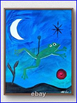 Original Signed 11x14 Canvas Abstract Animals Acrylic Bold Blue Home Decor A140
