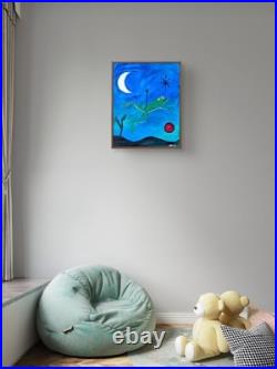 Original Signed 11x14 Canvas Abstract Animals Acrylic Bold Blue Home Decor A140