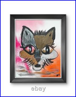 Original Signed Mixed Media Art Abstract Cat Wild Painting 11x14 OOAK