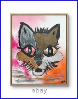 Original Signed Mixed Media Art Abstract Cat Wild Painting 11x14 OOAK