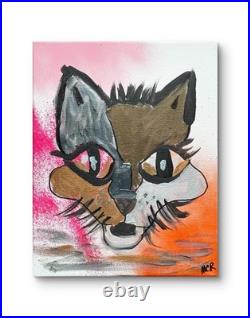 Original Signed Mixed Media Art Abstract Cat Wild Painting 11x14 OOAK