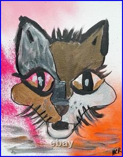 Original Signed Mixed Media Art Abstract Cat Wild Painting 11x14 OOAK