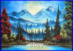 Original Signed Mountain Landscape Oil Painting 18x24 Canvas Bob Ross Style