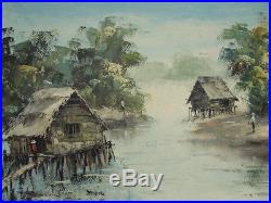 Original Signed Oil On Canvas H. Khai Village Hut Scene 28 X 14 Vietnam