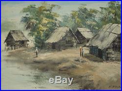 Original Signed Oil On Canvas H. Khai Village Hut Scene 28 X 14 Vietnam