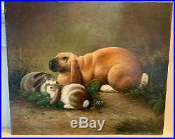 Original Signed Vintage Oil Painting On Canvas of Rabbits Signed By H. Hagel