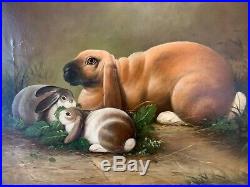 Original Signed Vintage Oil Painting On Canvas of Rabbits Signed By H. Hagel